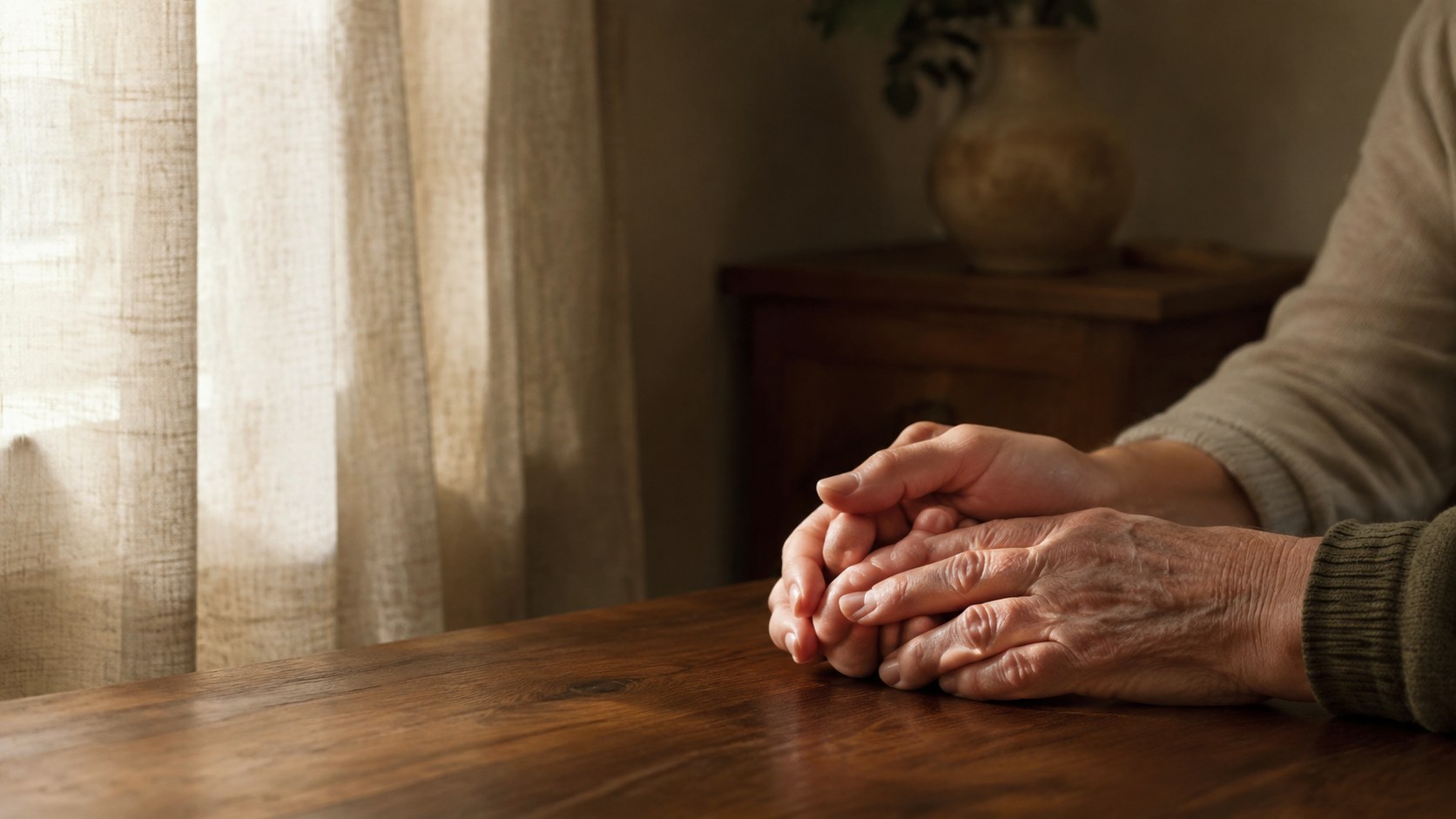 A younger hand holds the hand of an older person on a wooden table